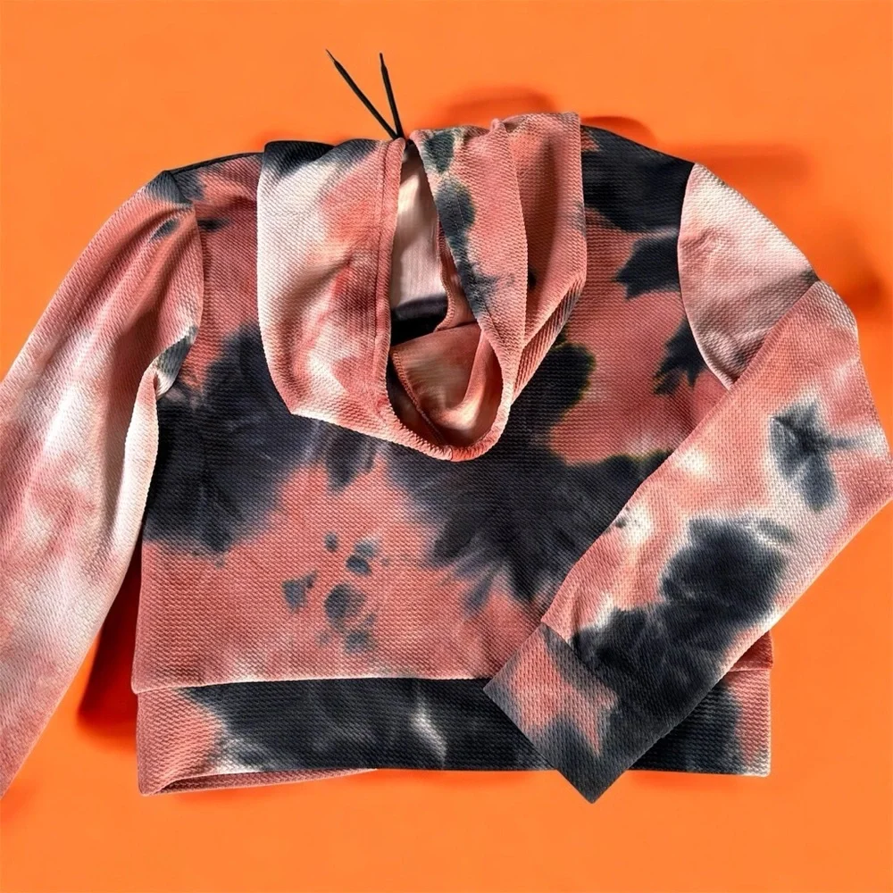 AQ-Sport XL Tie-Dye Hoodie in Pink, Peach, and Black Waffle-knit - Picture 3 of 12